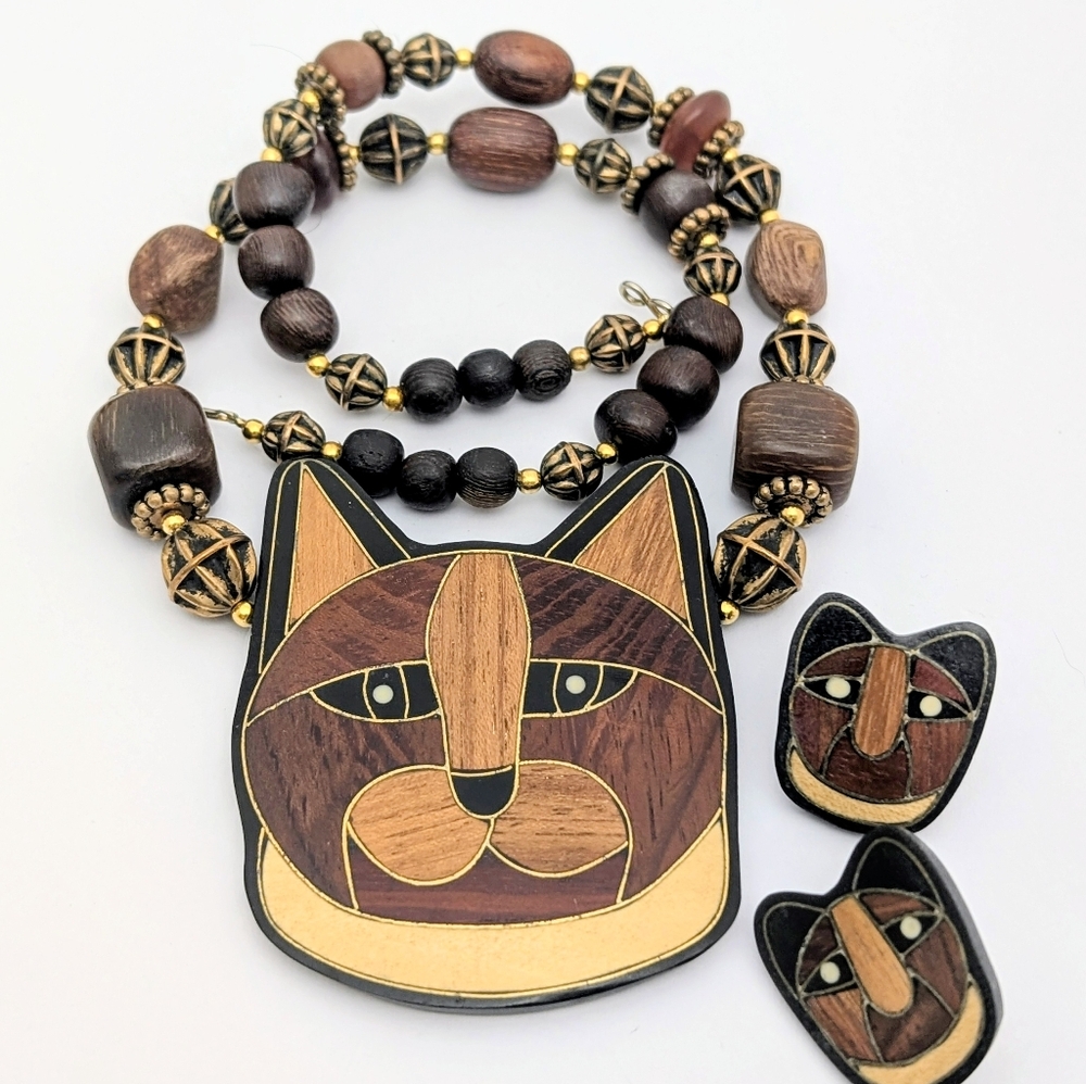 80s Cat Pendant Necklace And Earrings Set Wood Inlay Lee Sands